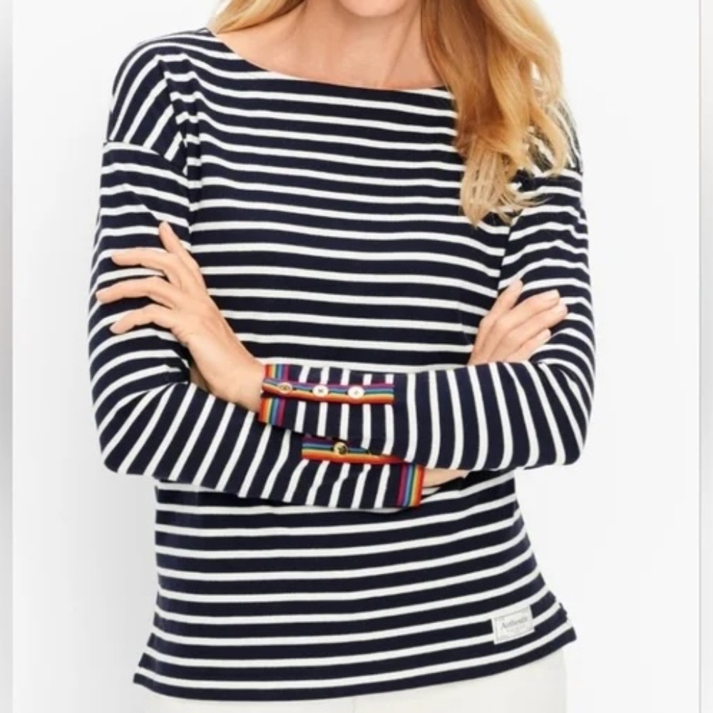 Talbots boatneck longsleeve top navy stripes with rainbow detail - Petite Medium